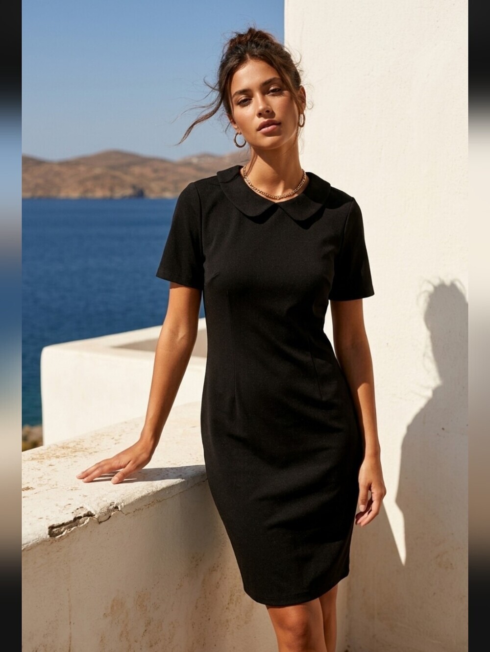 Piphany Classic Black Midi Dress Short Sleeve Collard Size Large